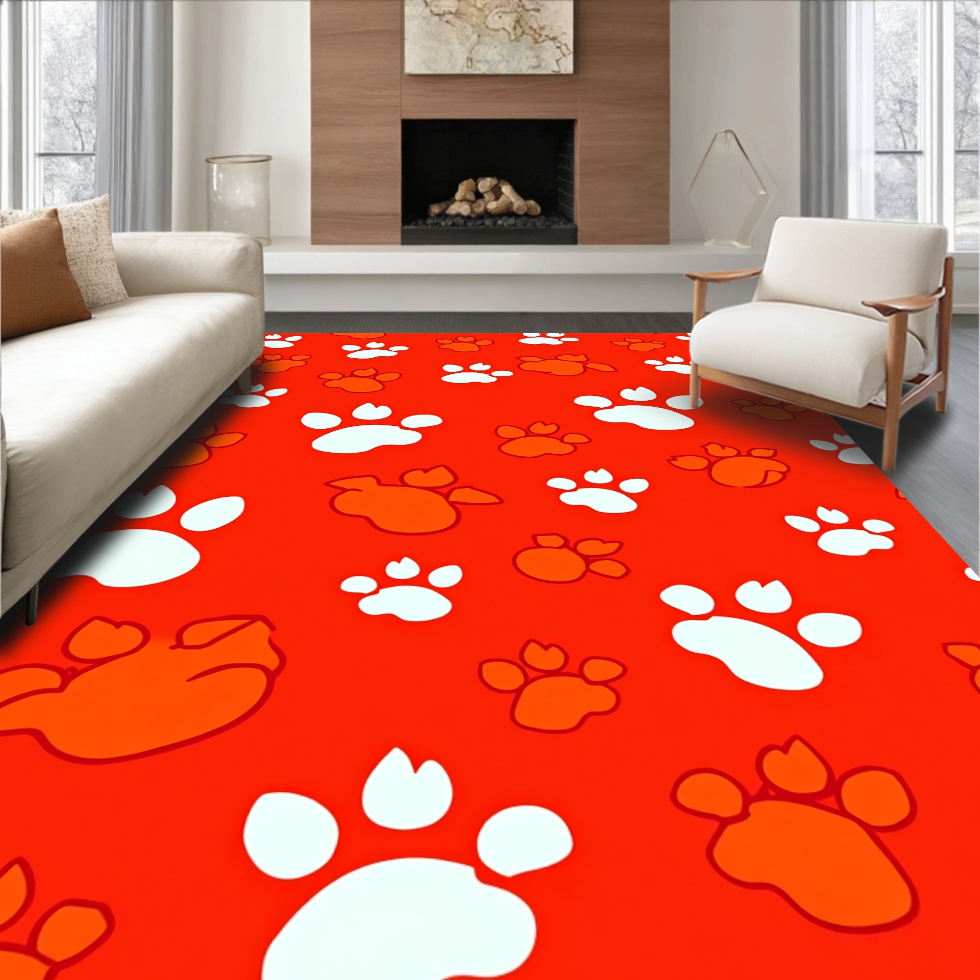 Orange White Paw Prints All Over Rug