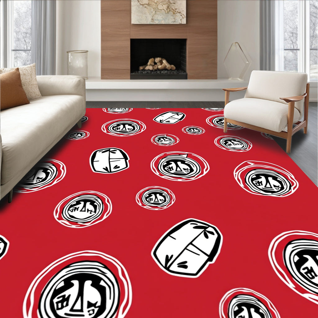 Red Circle Stamp With Geometric Shapes Rug