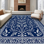 Deep Blue White Floral Tree Border Rug