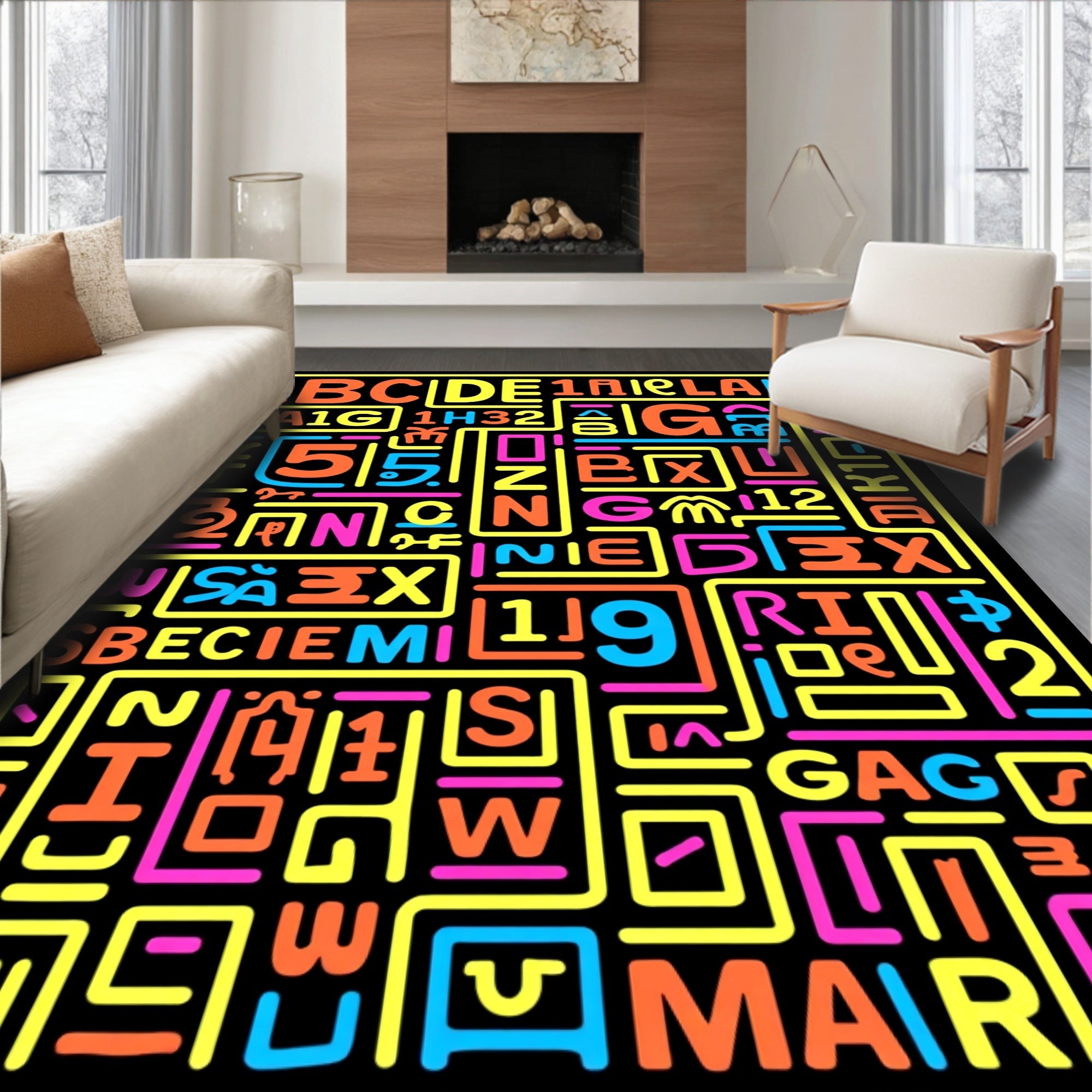 Vibrant Alphabetical Neon Collage Rug
