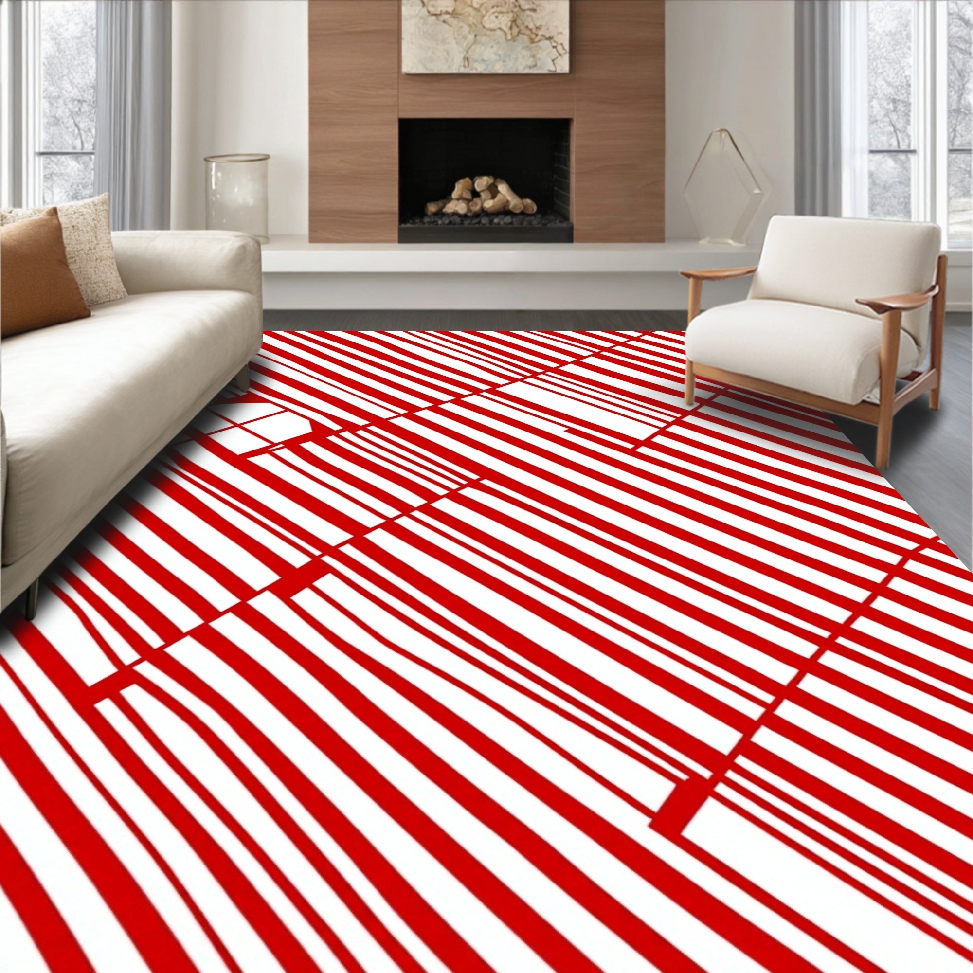 Crimson White Diagonal Stripe Illusion Rug