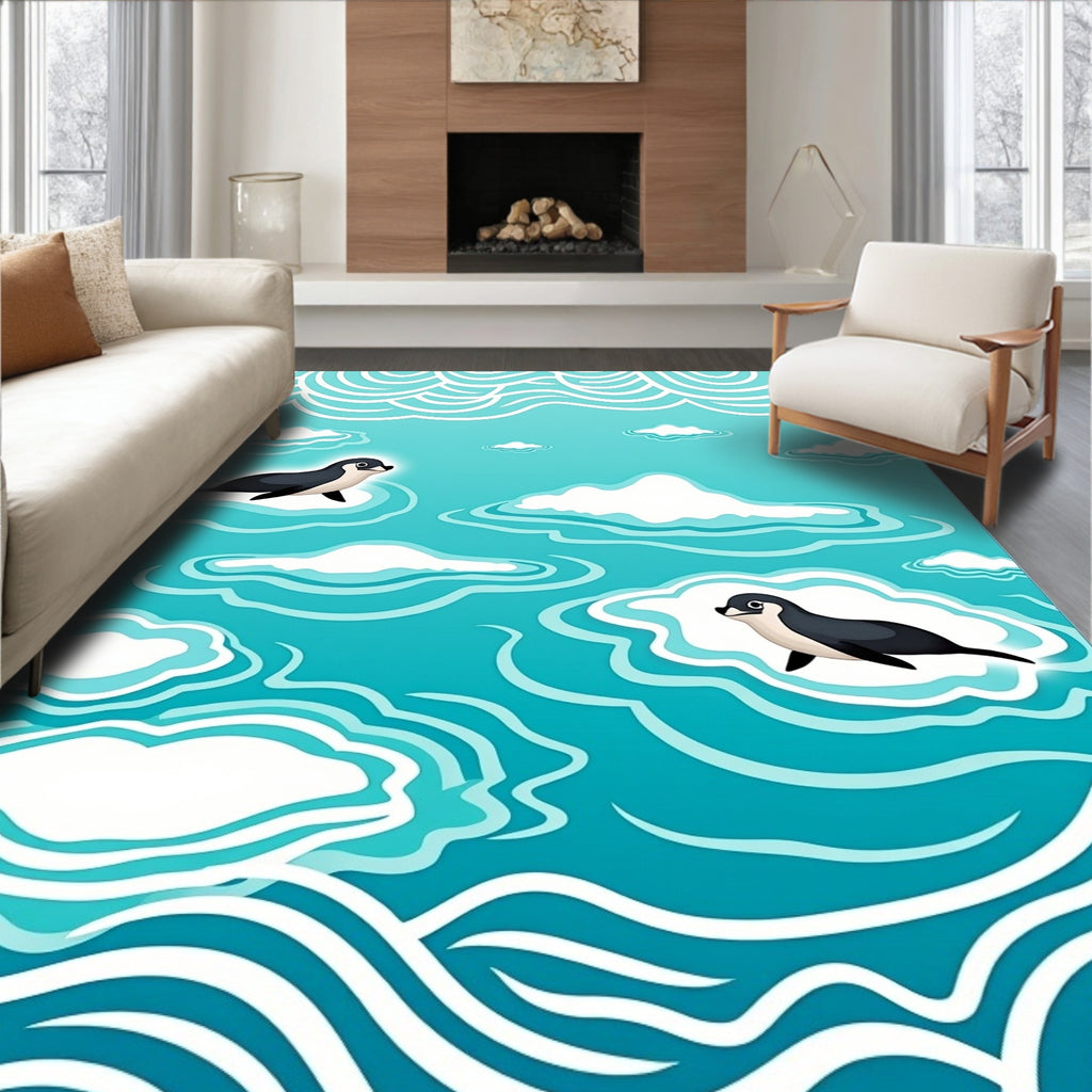 Whimsical seals swimming through aqua waves Rug