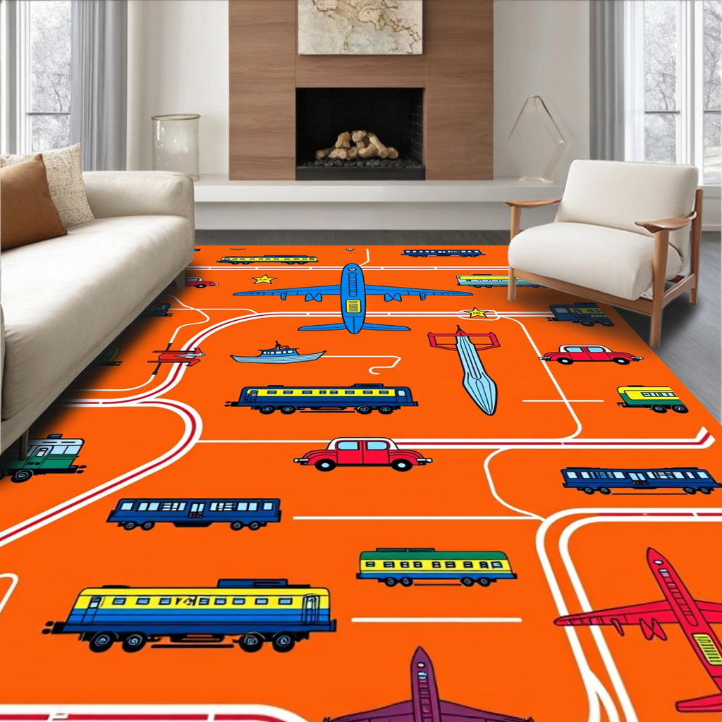 Vibrant Orange Transportation Collage Rug