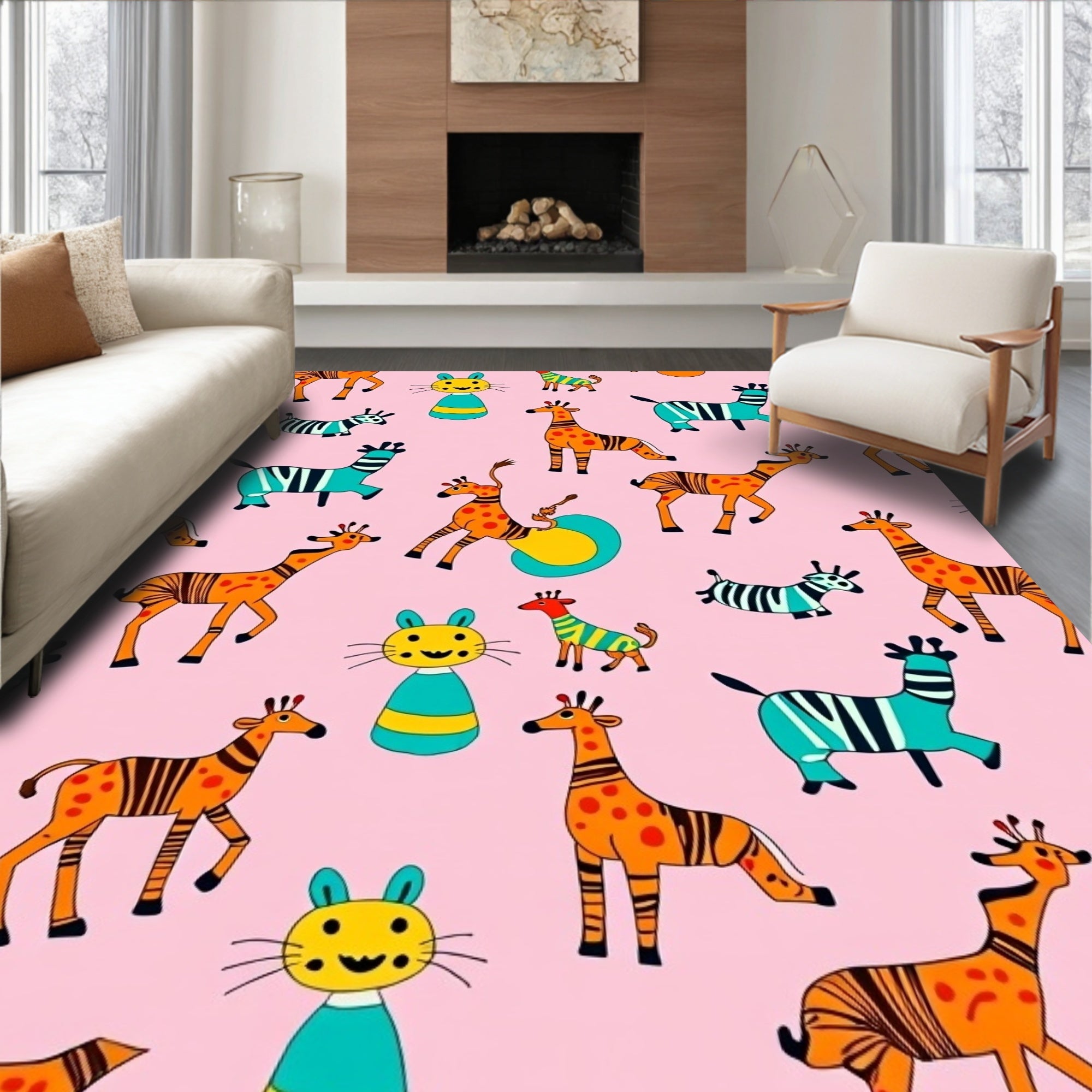 Whimsical Safari Animals Orange Giraffe Teal Zebra Rug