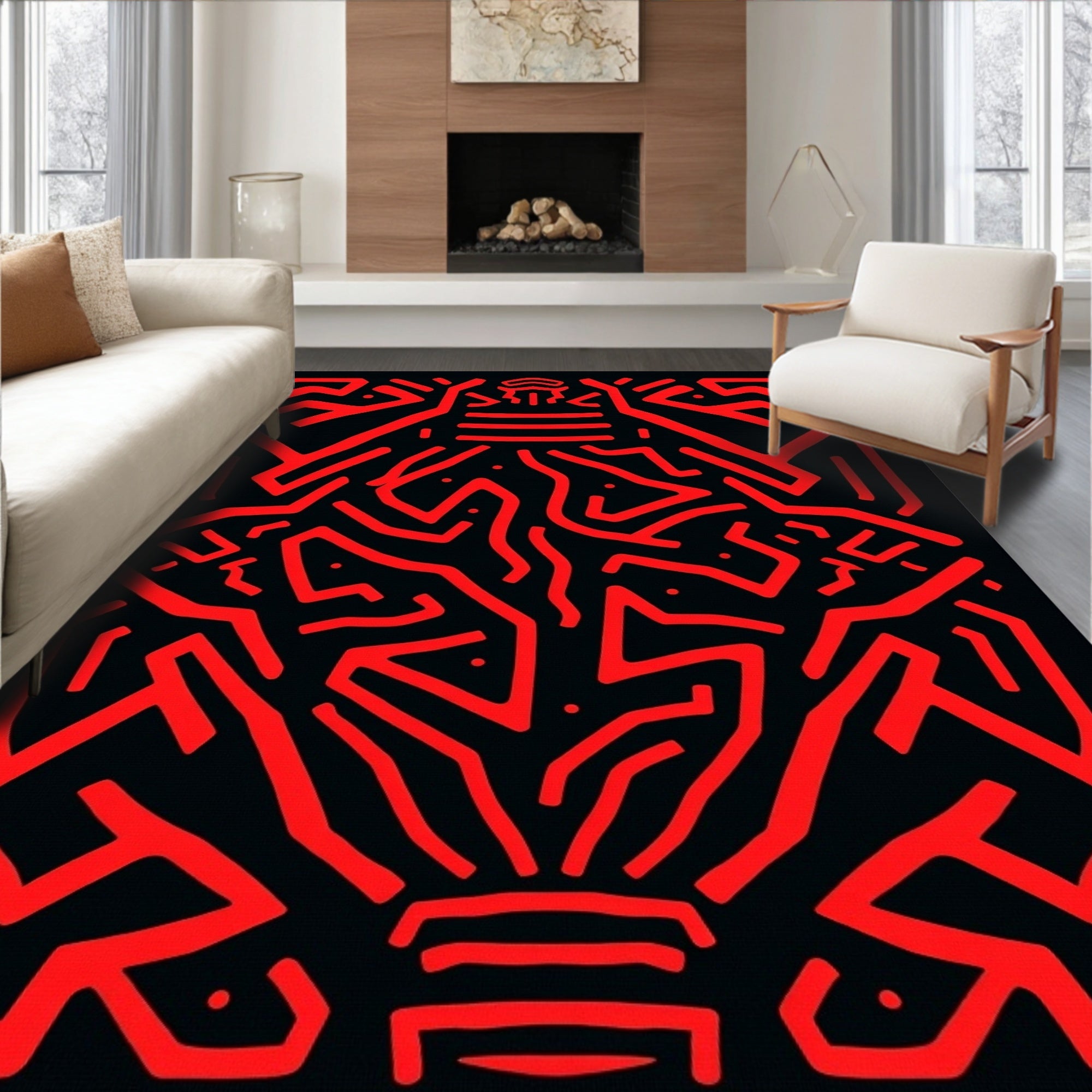 Bold Red Abstract Labyrinth Rug