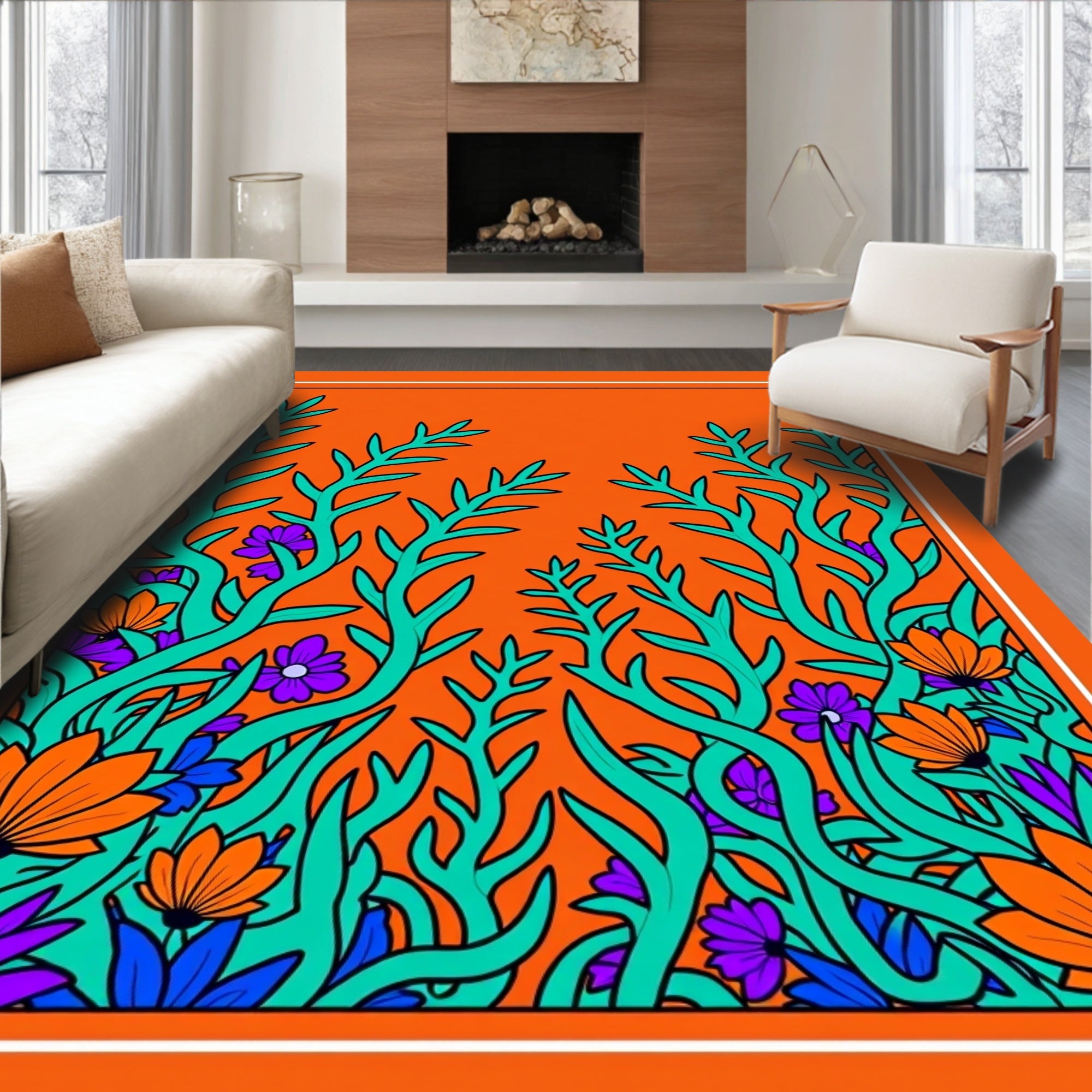 Vibrant Teal Orange Floral Jungle Rug