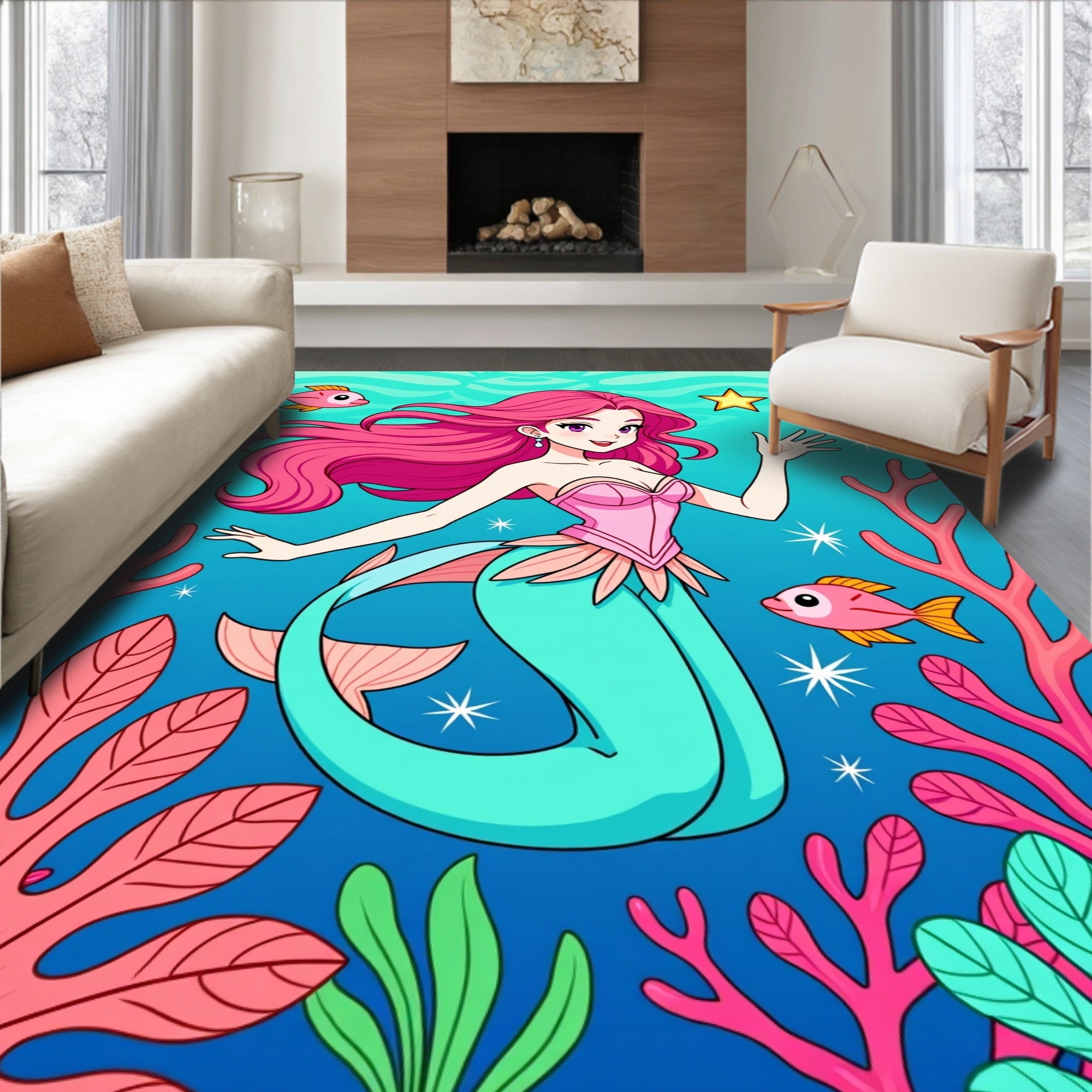 Pink Mermaid Aquatic Coral Garden Rug