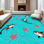 Playful Sea Otters Red Stars Aqua Background Rug