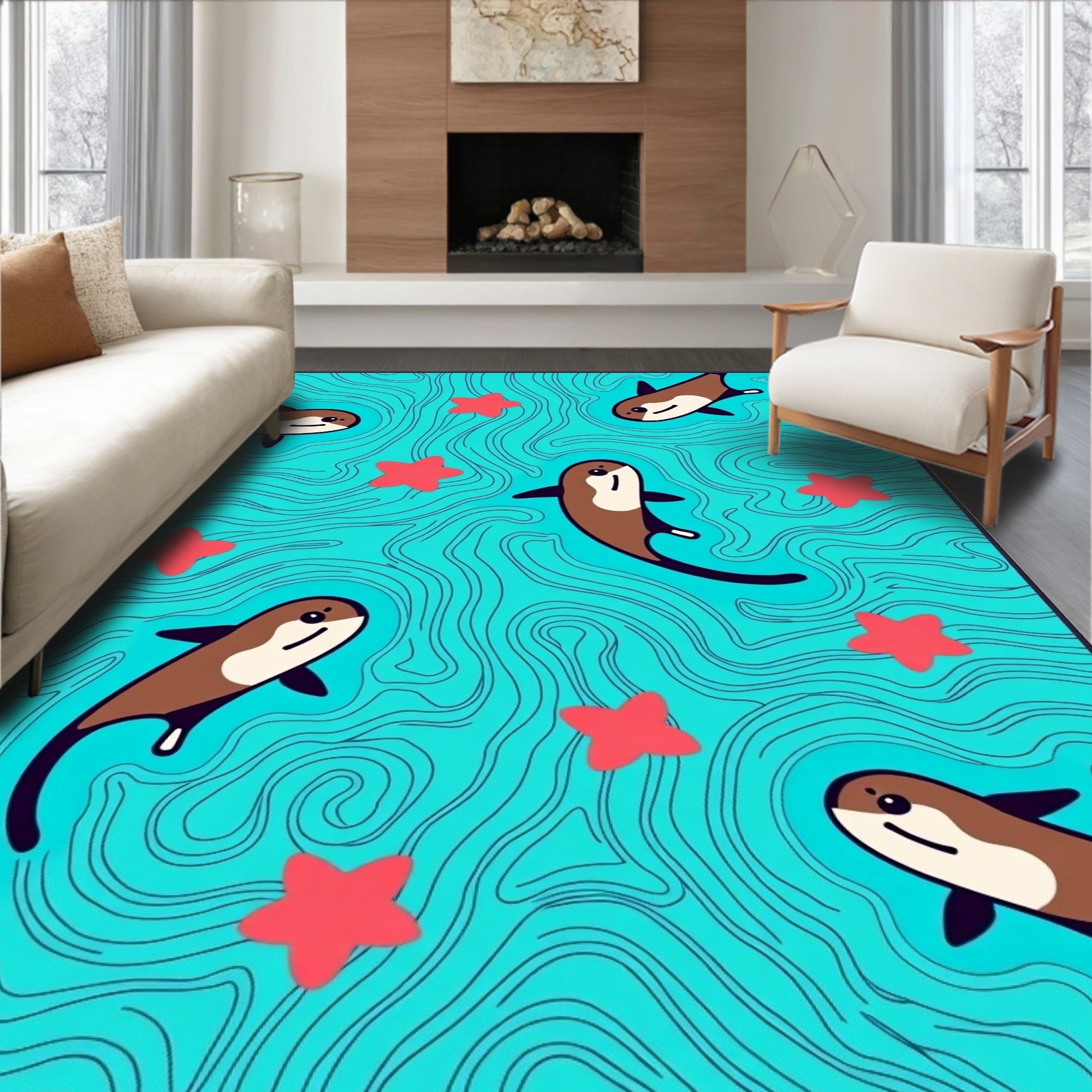 Playful Sea Otters Red Stars Aqua Background Rug