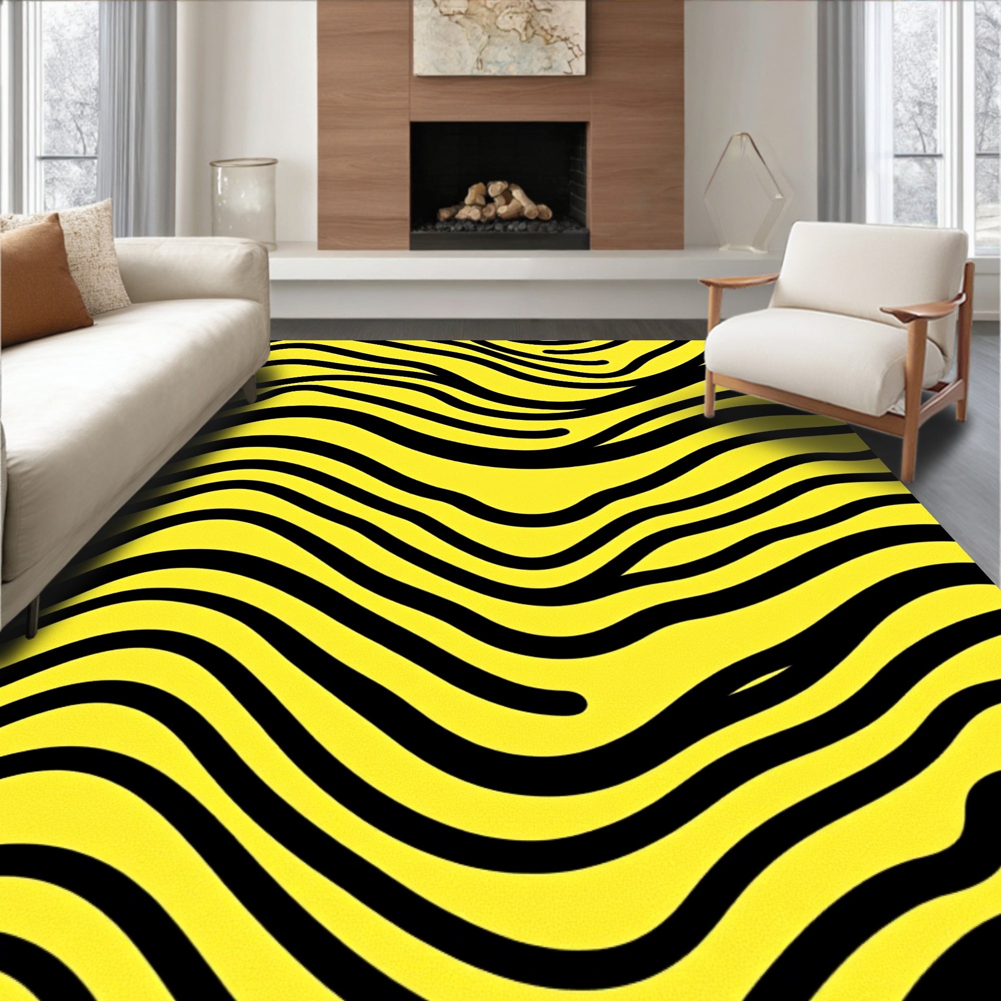Bold Yellow Black Swirl Stripes Rug