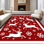Red White Reindeer Snowflake Festive Scene Rug