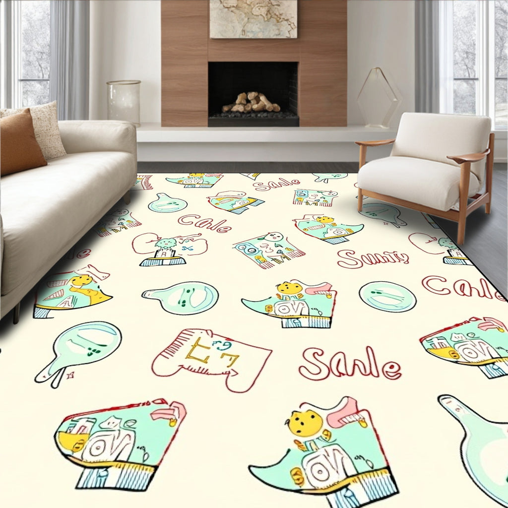 Whimsical Yellow Blue Cartoon Collage Rug