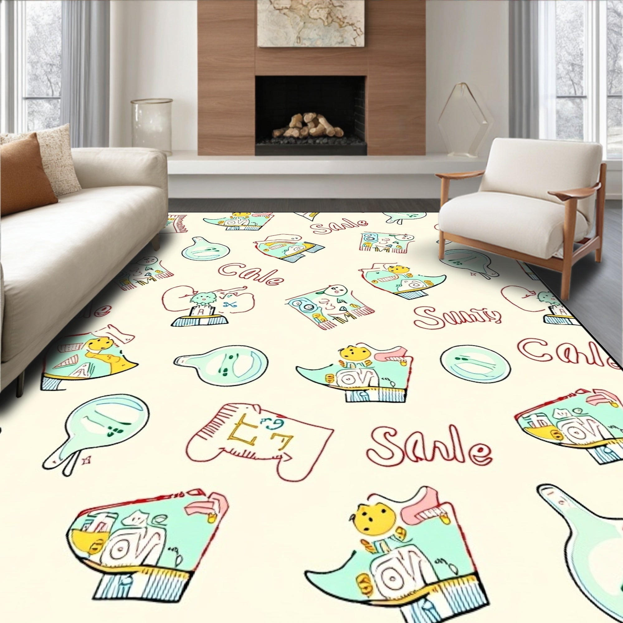 Whimsical Yellow Blue Cartoon Collage Rug