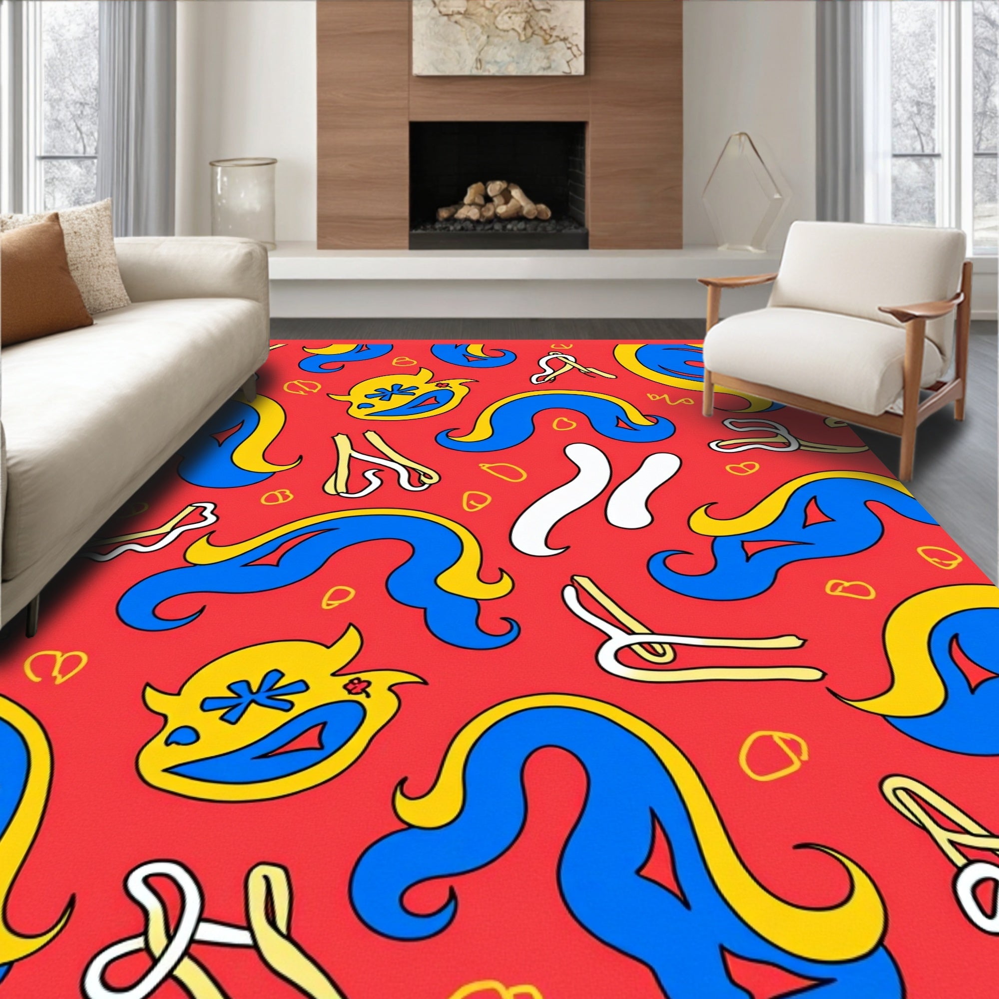 Bold Red Blue Yellow Playful Creatures Rug