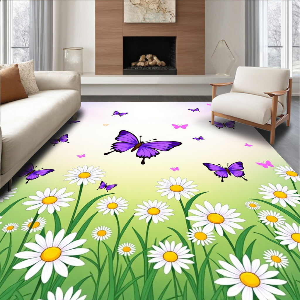 Whimsical purple butterfly daisy meadow Rug