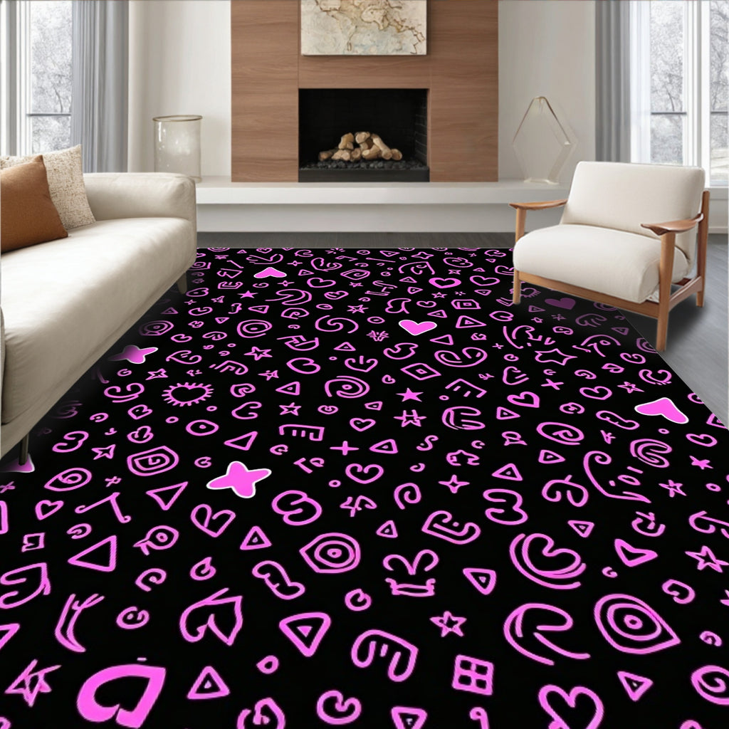 Pink Hearts Stars Shapes Black Background Rug