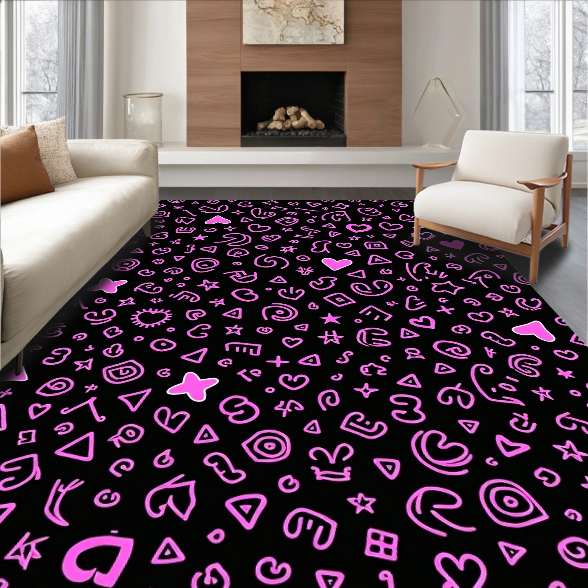 Pink Hearts Stars Shapes Black Background Rug