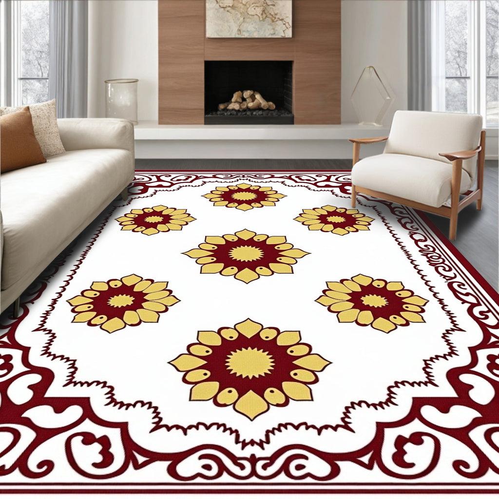 Deep Red Floral Blooms Border Rug