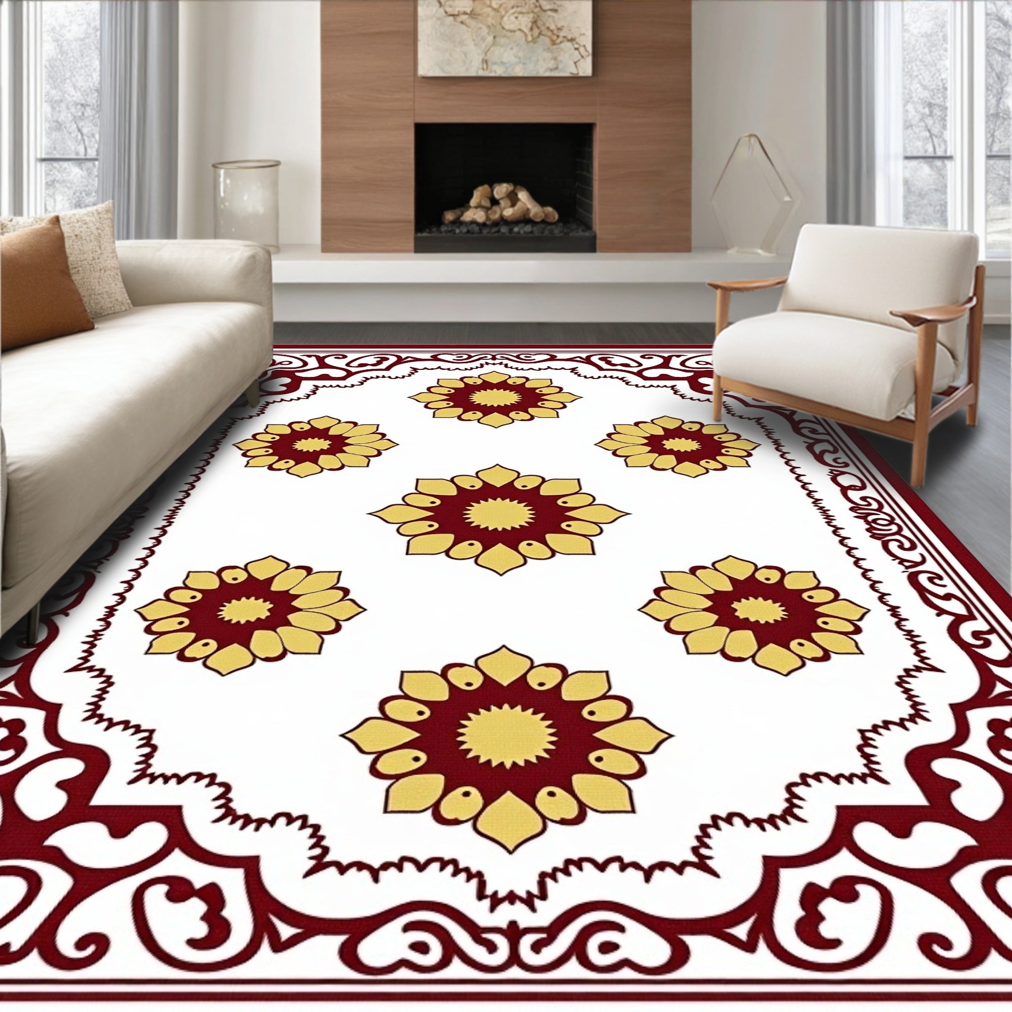 Deep Red Floral Blooms Border Rug