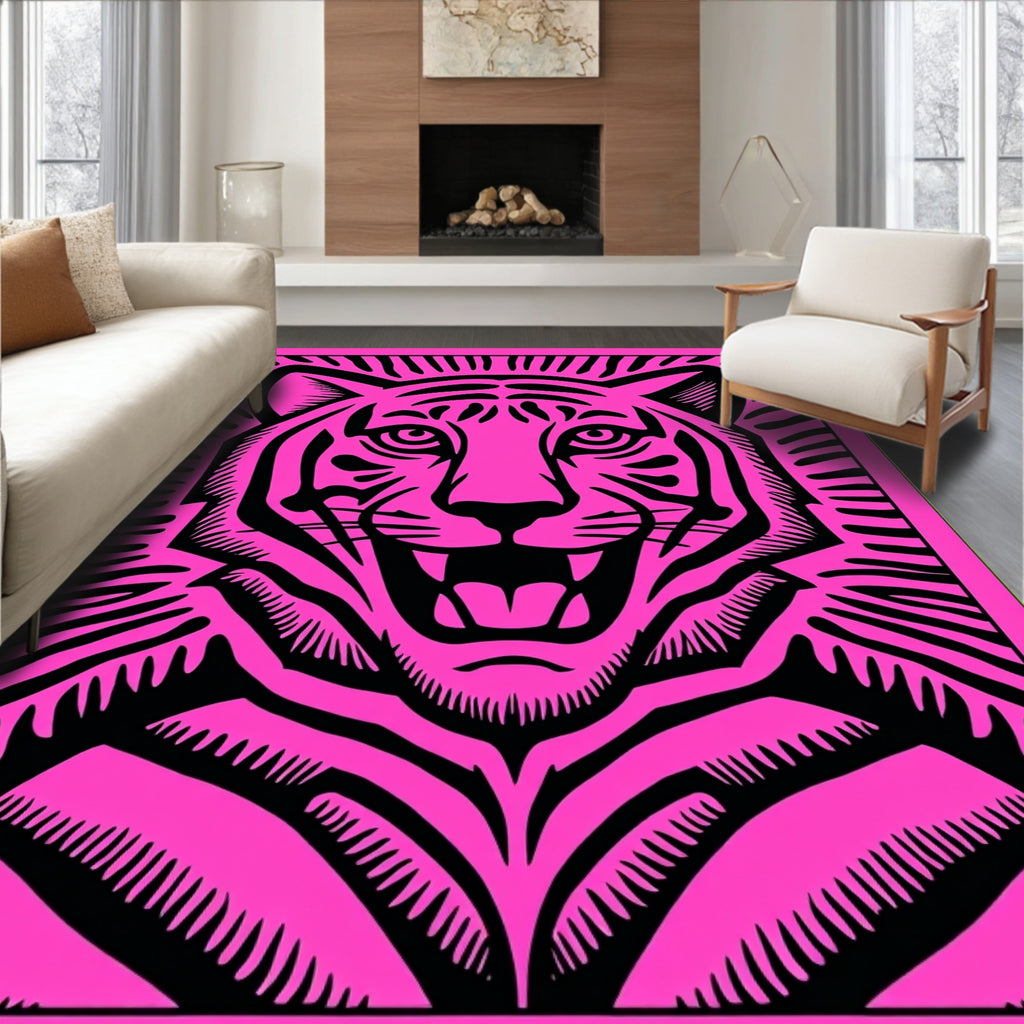 Bold Pink Tiger Face Statement Rug
