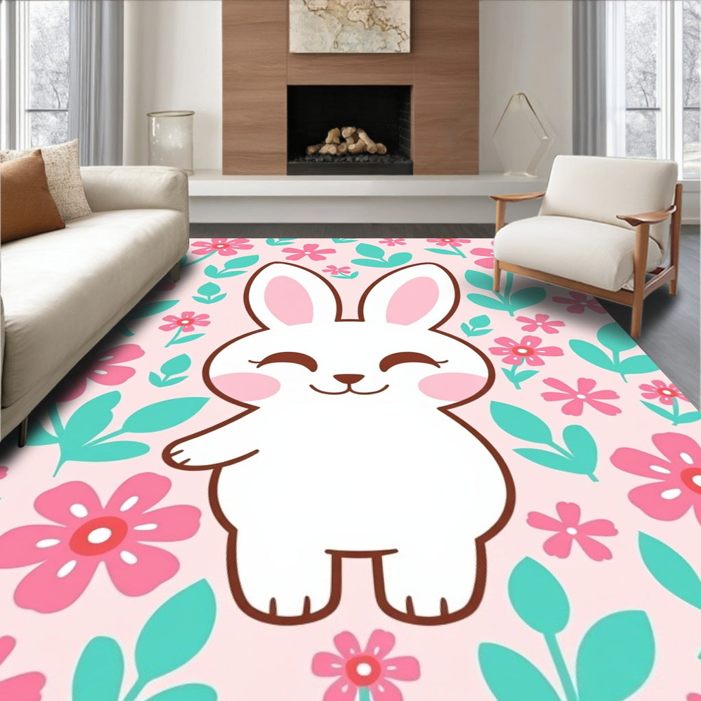 Cute White Bunny Pink Floral Garden Rug
