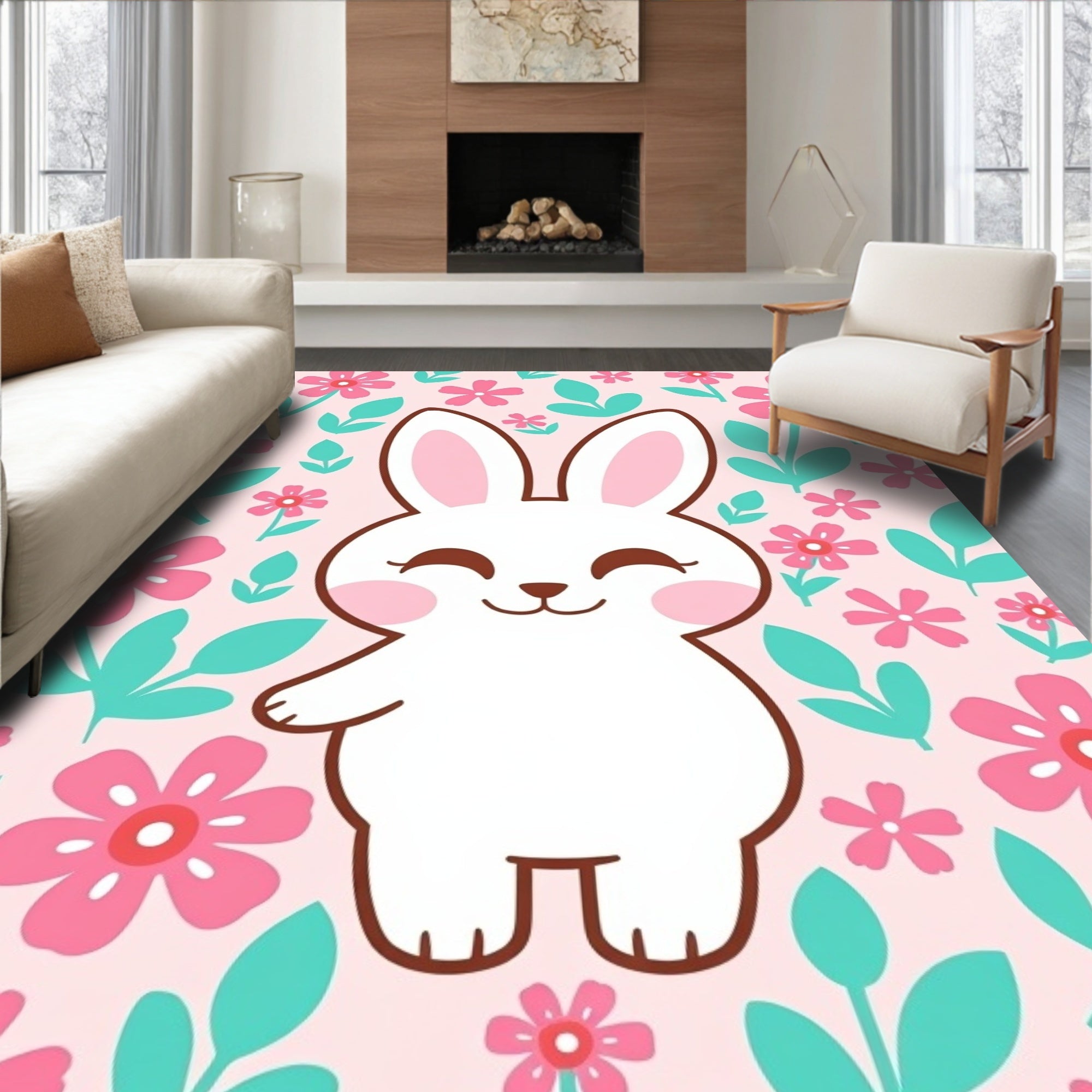 Cute White Bunny Pink Floral Garden Rug