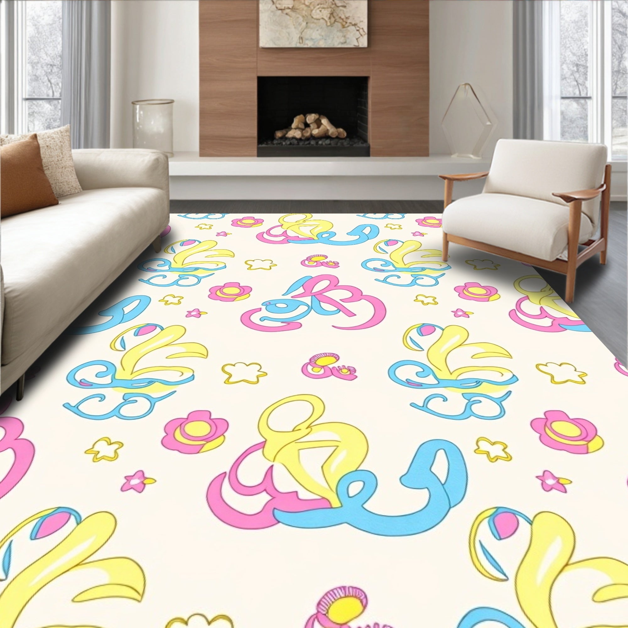 Whimsical Pink Yellow Blue Swirls Rug