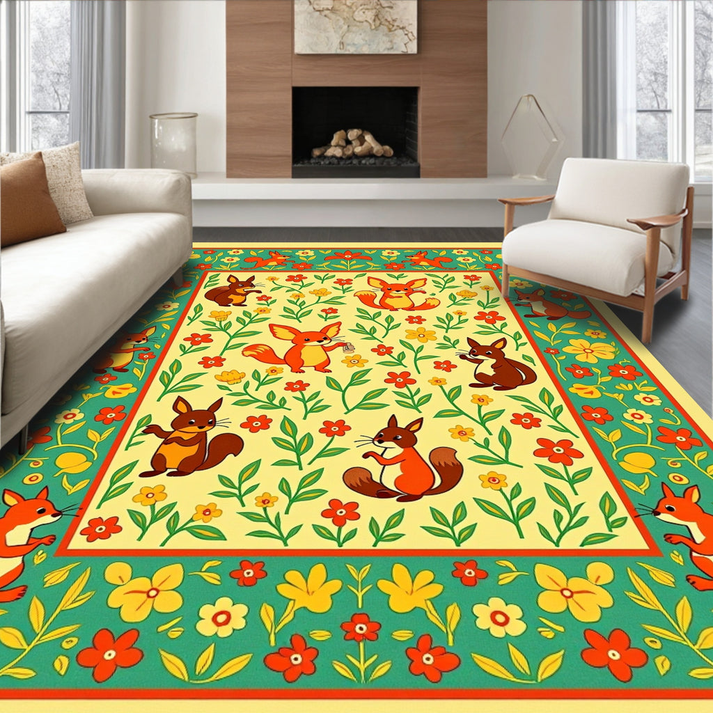 Whimsical Fox and Squirrel Floral Border Rug