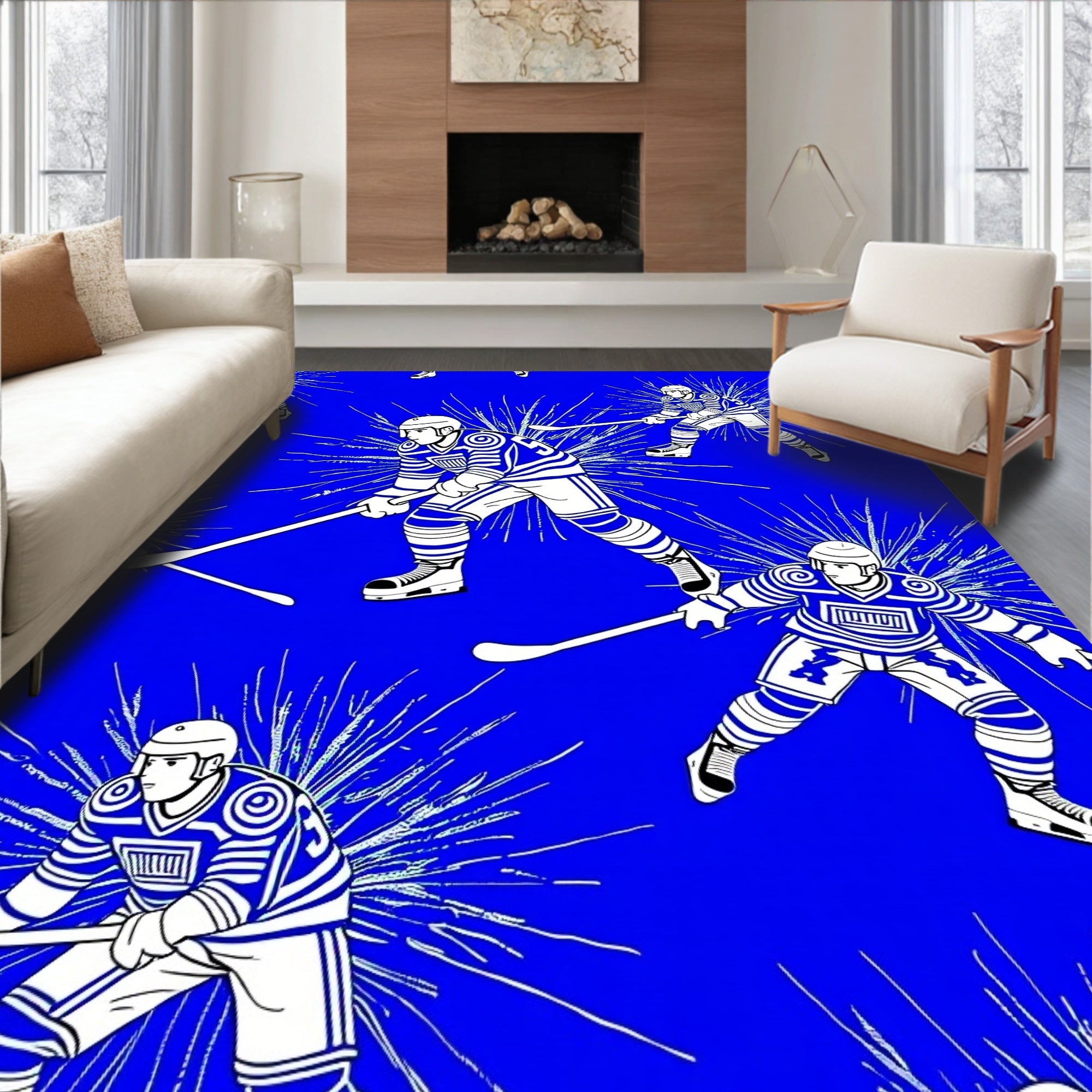 Bold Blue Hockey Player Explosion Rug