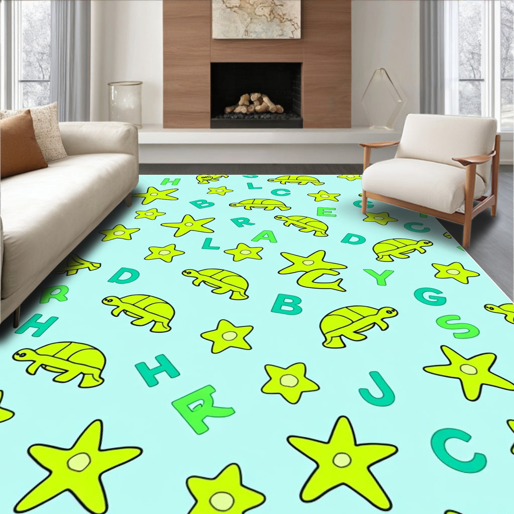 Lime Green Turtle Star Alphabet Collage Rug