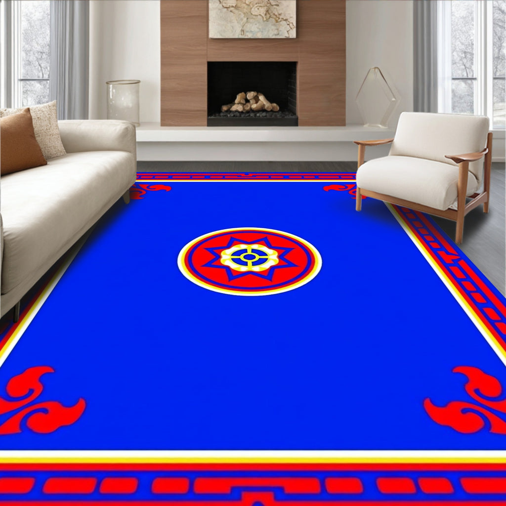 Vibrant Blue Red Geometric Medallion Rug