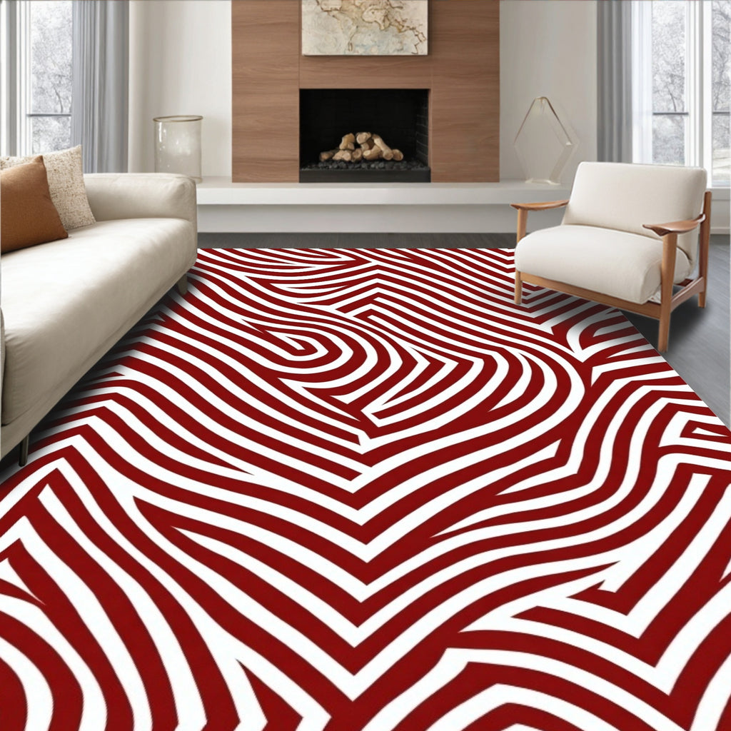 Deep Red White Interlocking Curves Rug