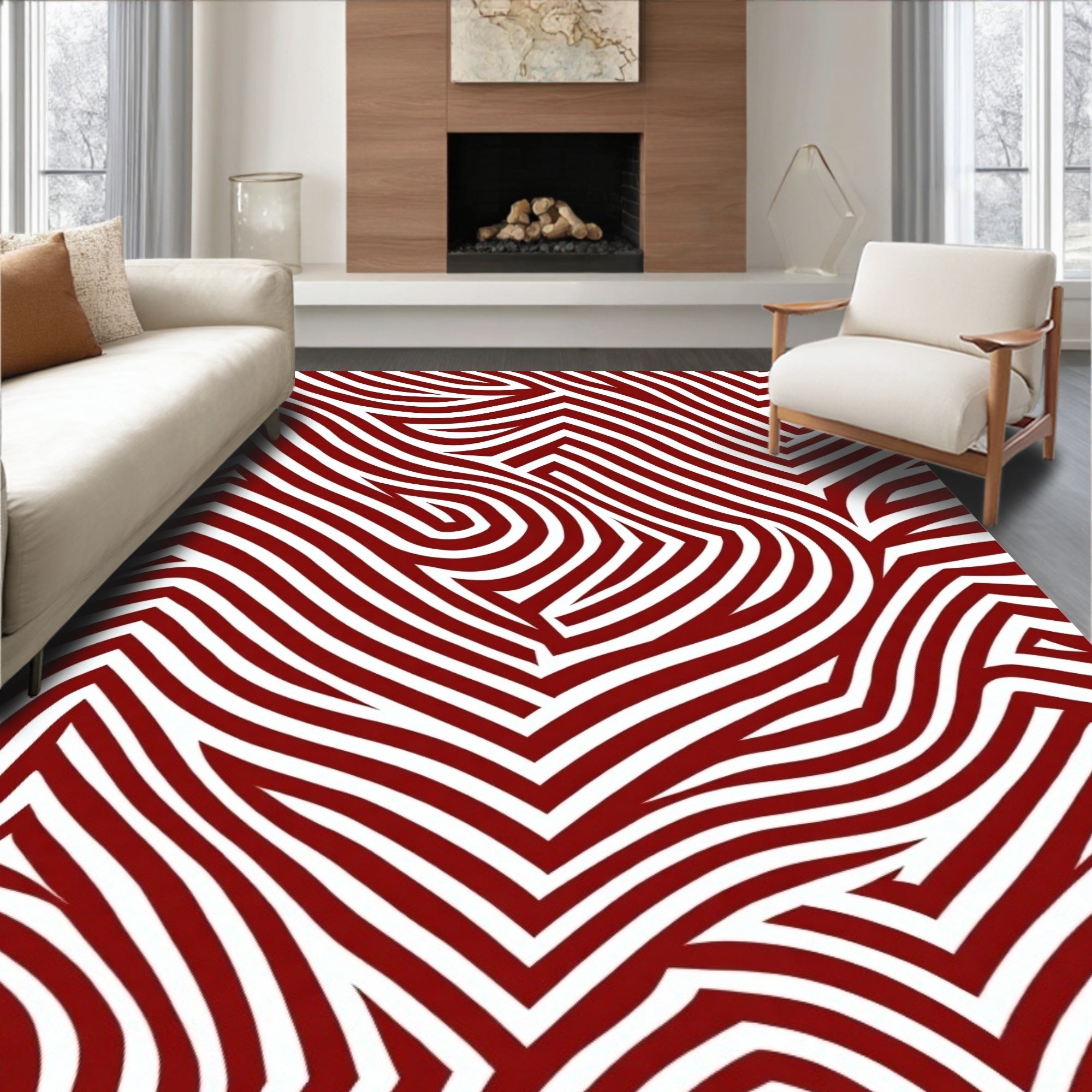 Deep Red White Interlocking Curves Rug