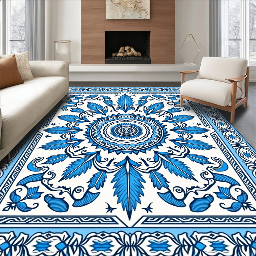 Azure Blue Floral Mandala Border Rug