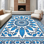 Azure Blue Floral Mandala Border Rug