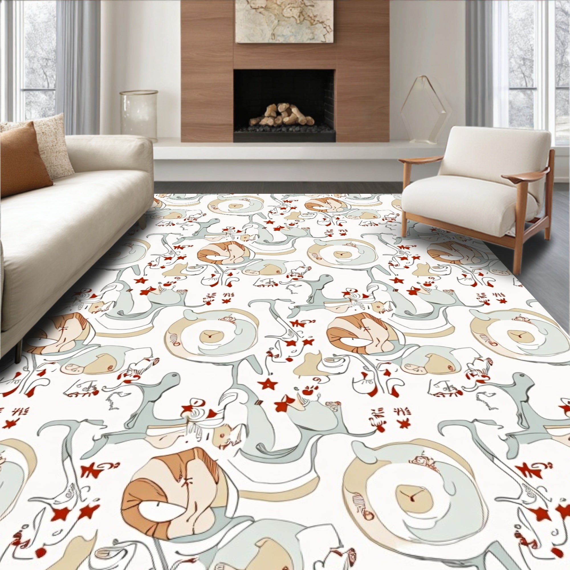 Whimsical Cartoon Creatures Red Star Swirls Rug