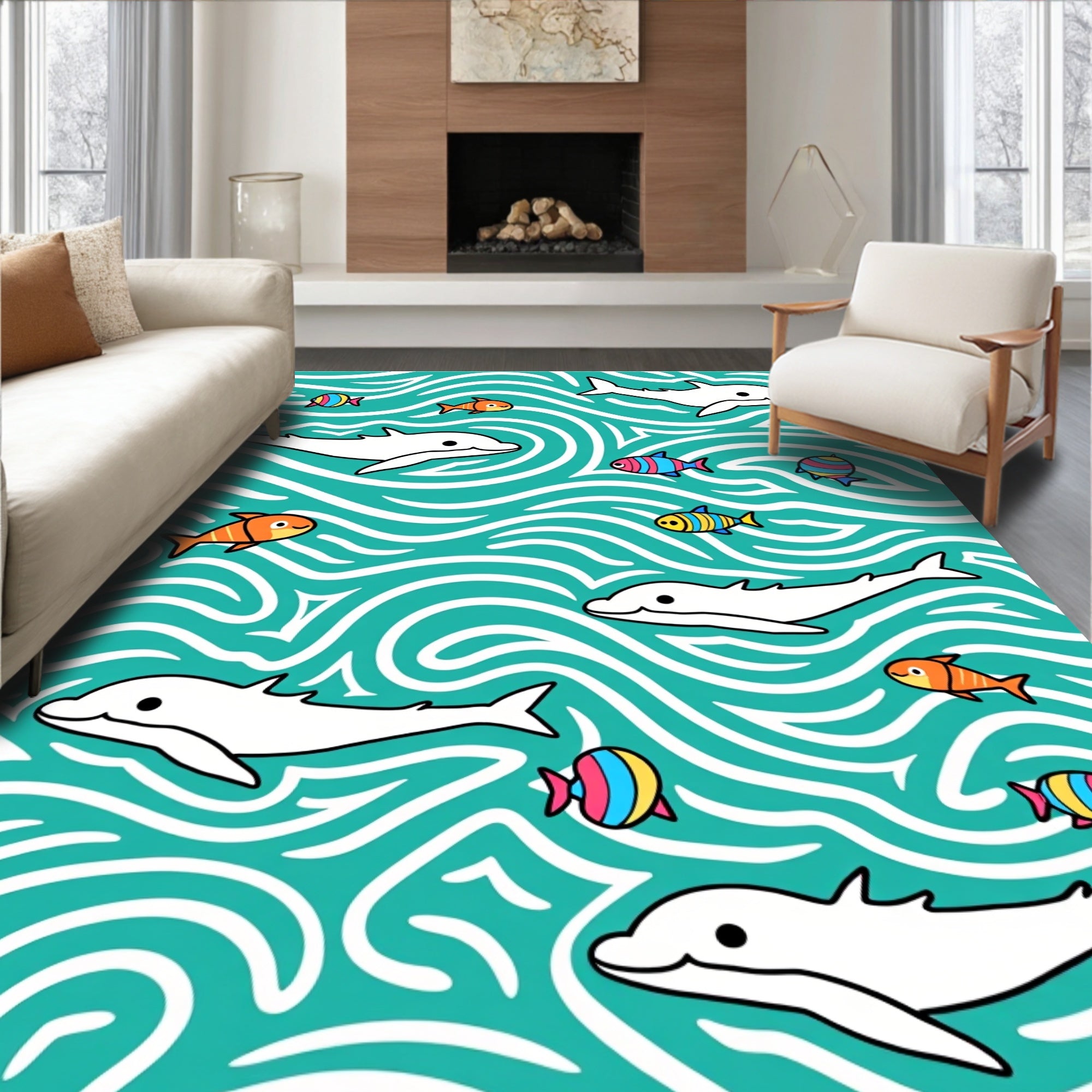 Playful Dolphins and Colorful Fish Water Rug