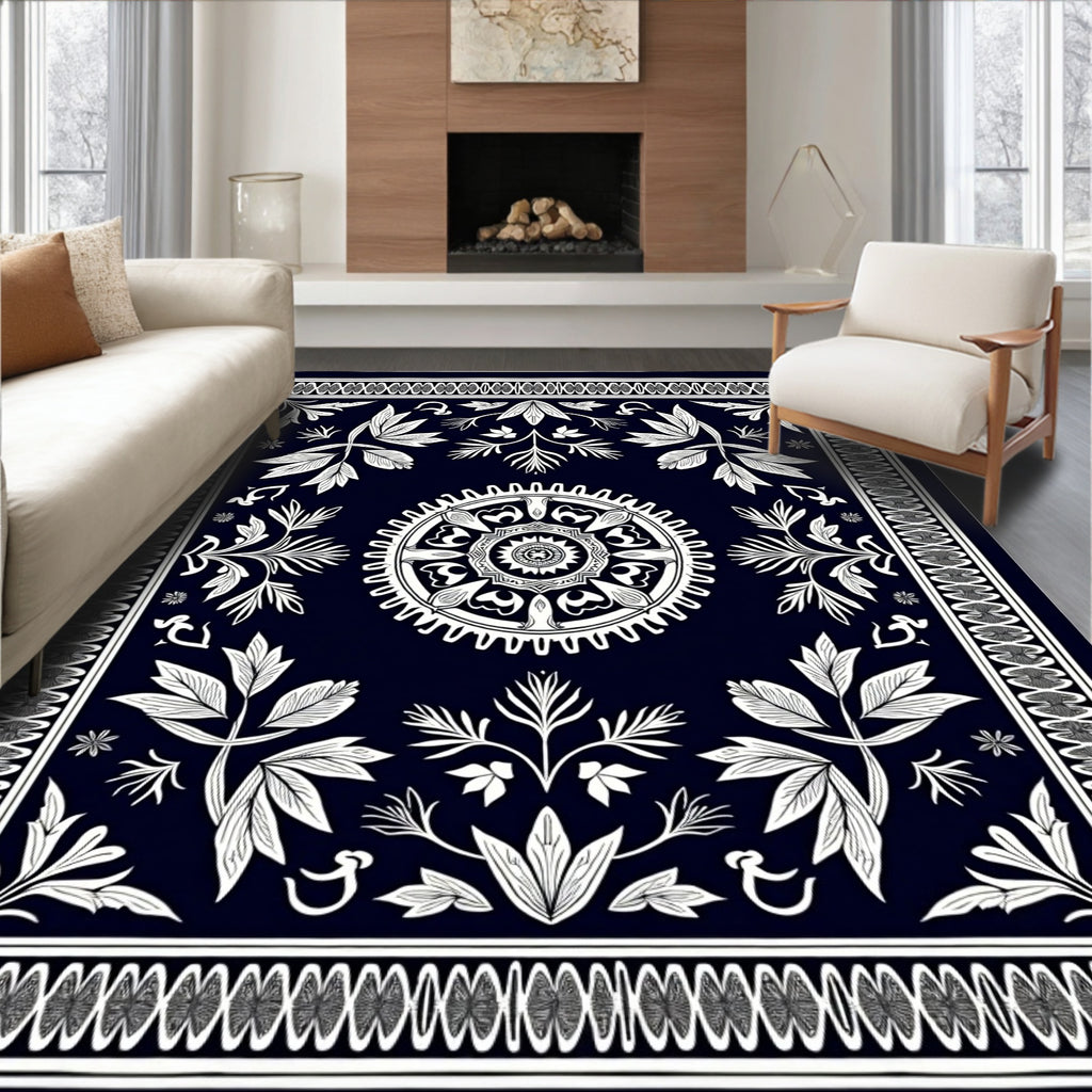 Nautical White Floral Medallion Border Rug