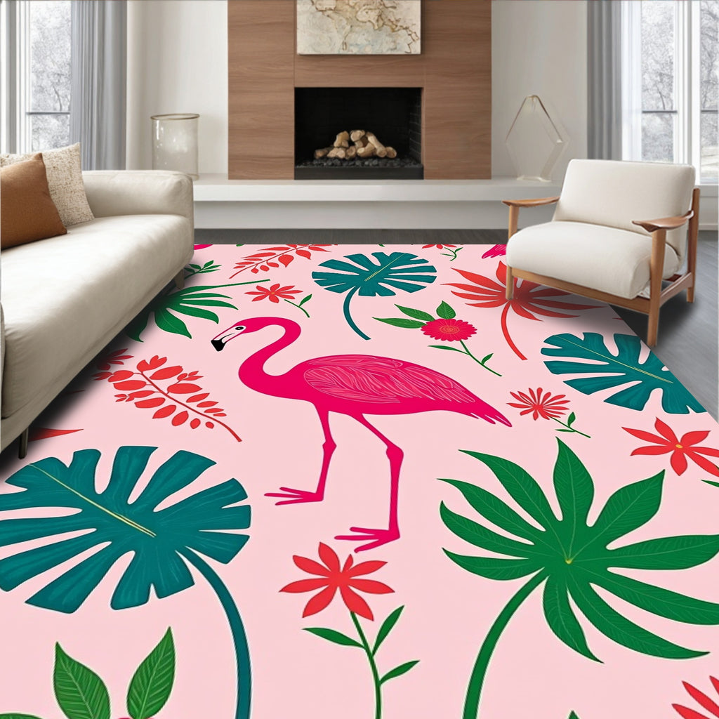 Vibrant Pink Flamingo Tropical Foliage Rug
