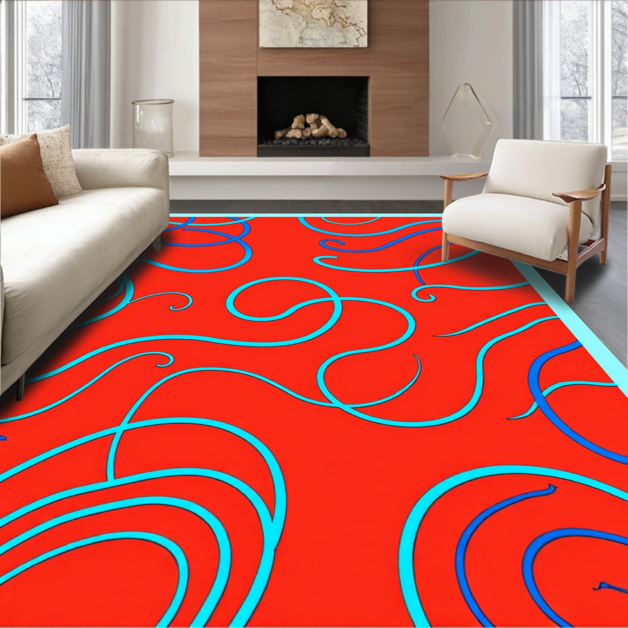 Red Aqua Swirl Abstract Rug