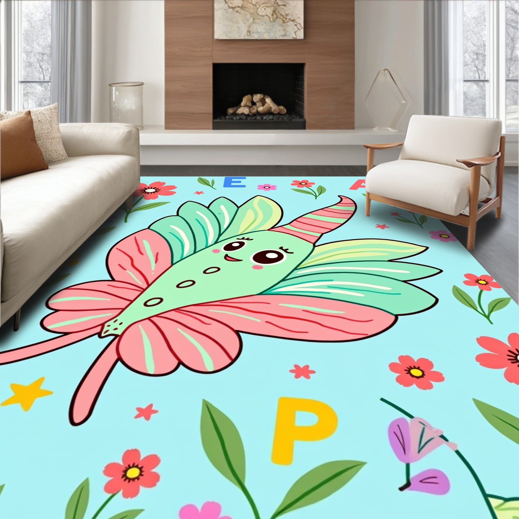 Whimsical Mint Butterfly Floral Garden Rug