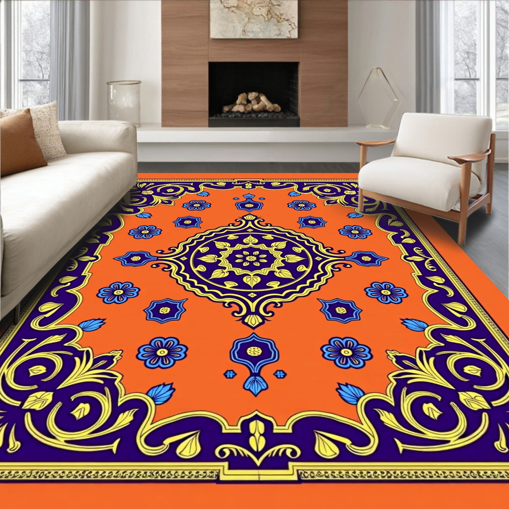 Vibrant Orange Floral Medallion Rug