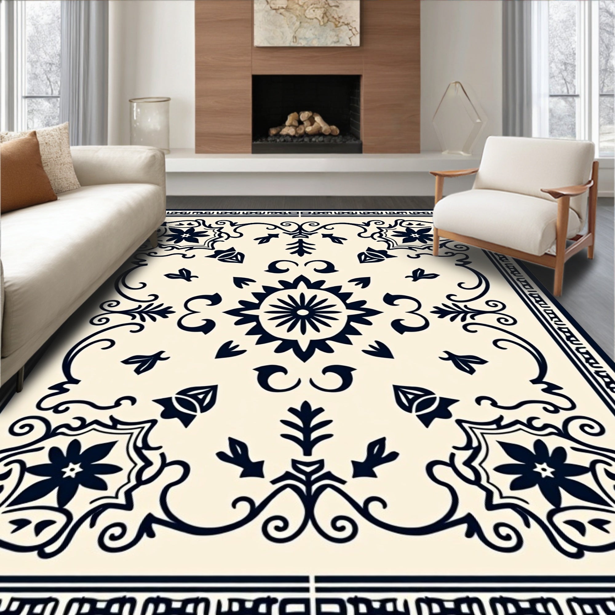 Classic Navy Floral Medallion Cream Rug