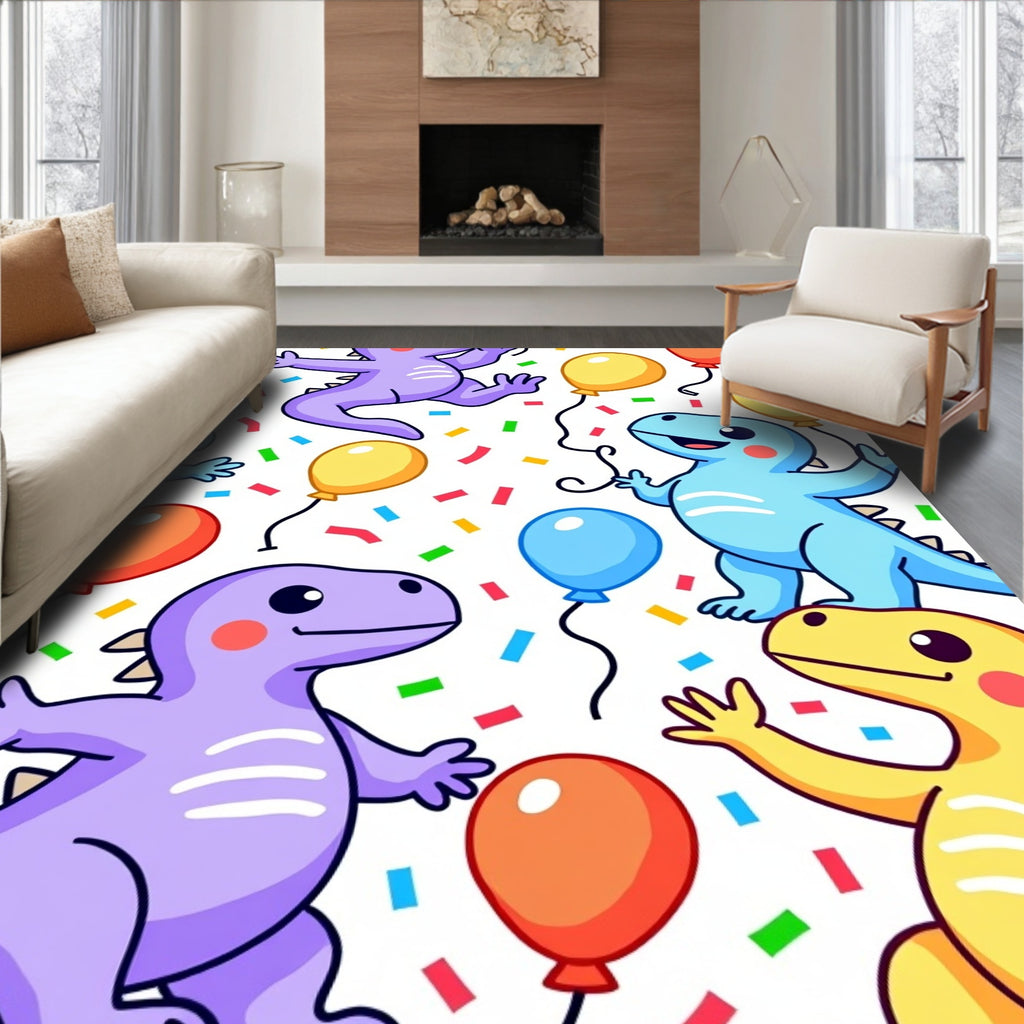 Playful Dinosaur Balloon Confetti Celebration Rug