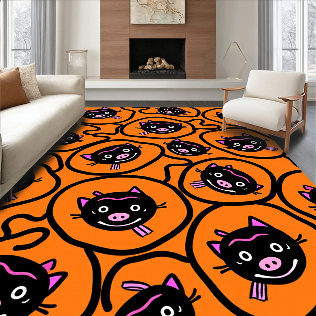Playful Black Orange Pig Face Medallion Rug