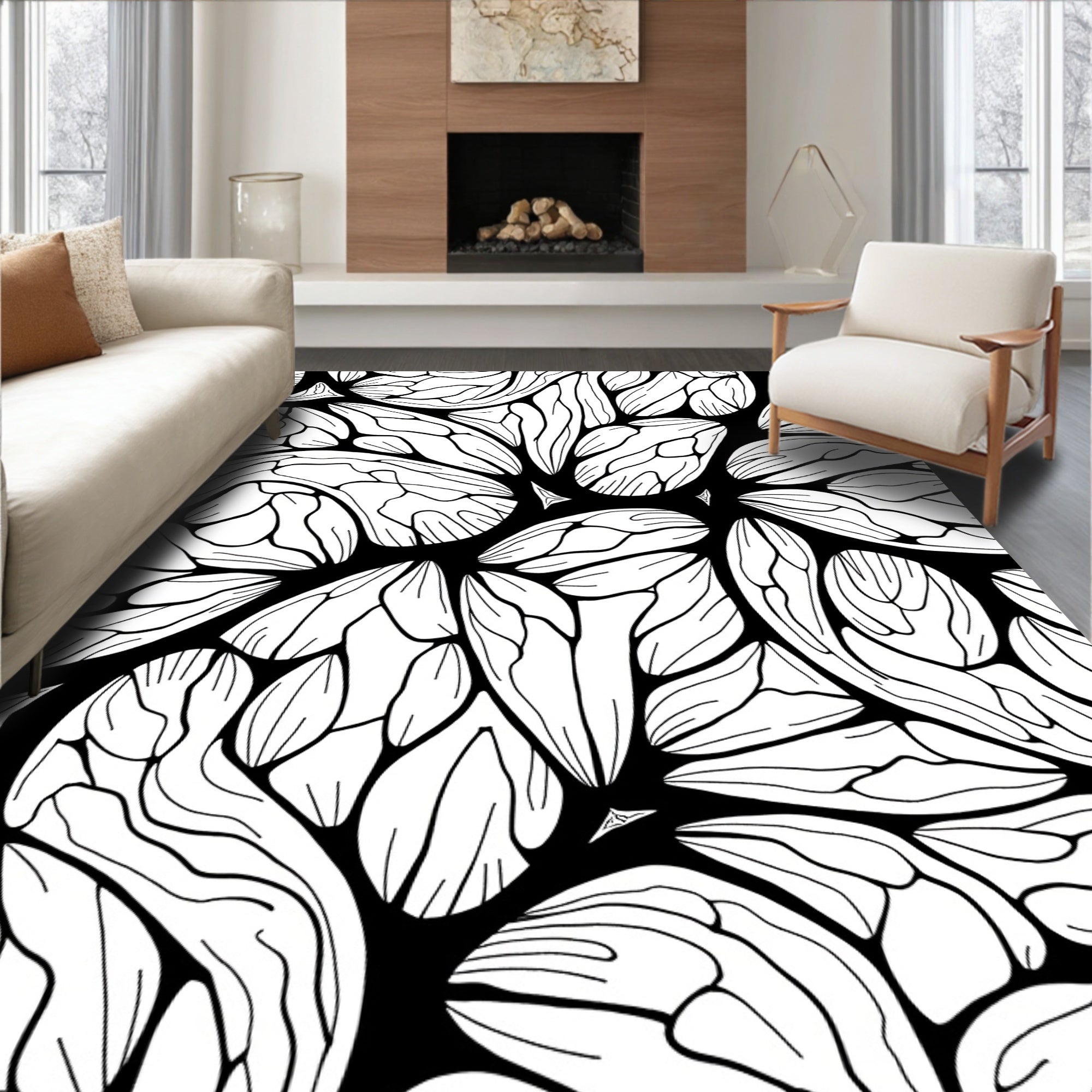 Striking Monochrome Swirls Winged Collage Rug