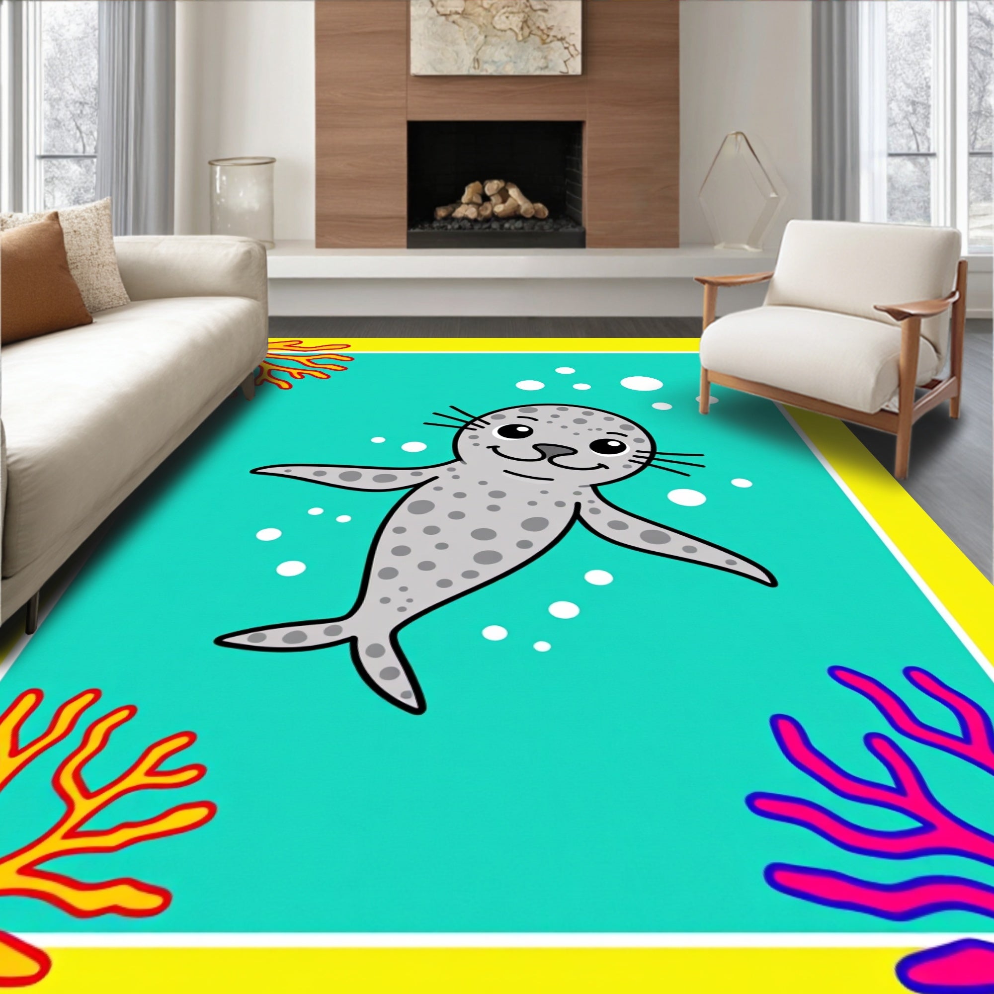 Happy Gray Seal Coral Reef Rug