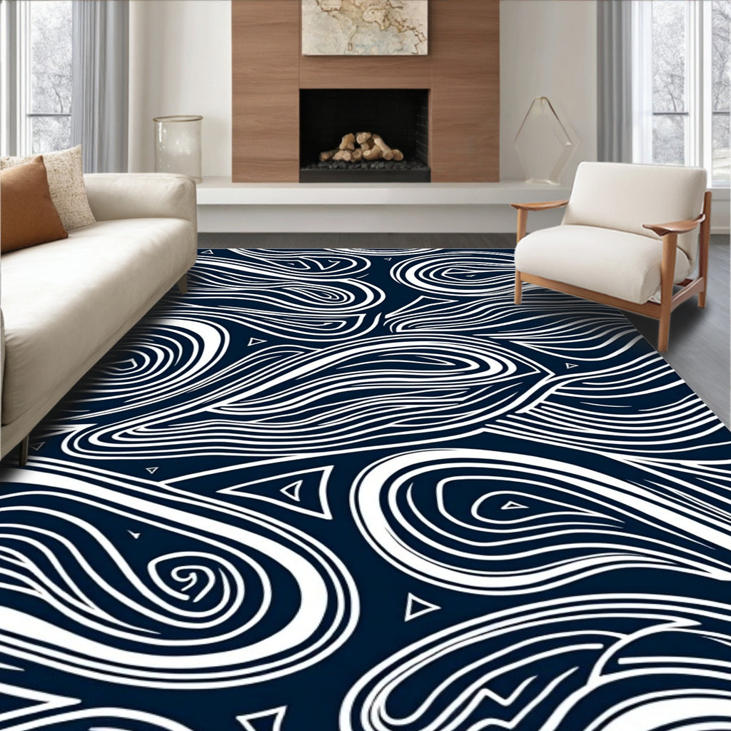Navy White Swirling Organic Lines Rug