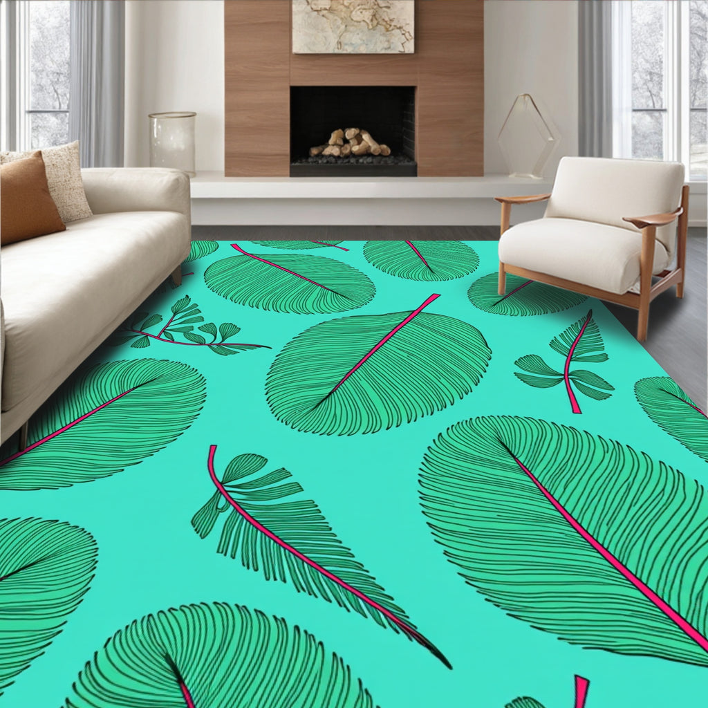 Teal Green Feather Folia Swirl Rug