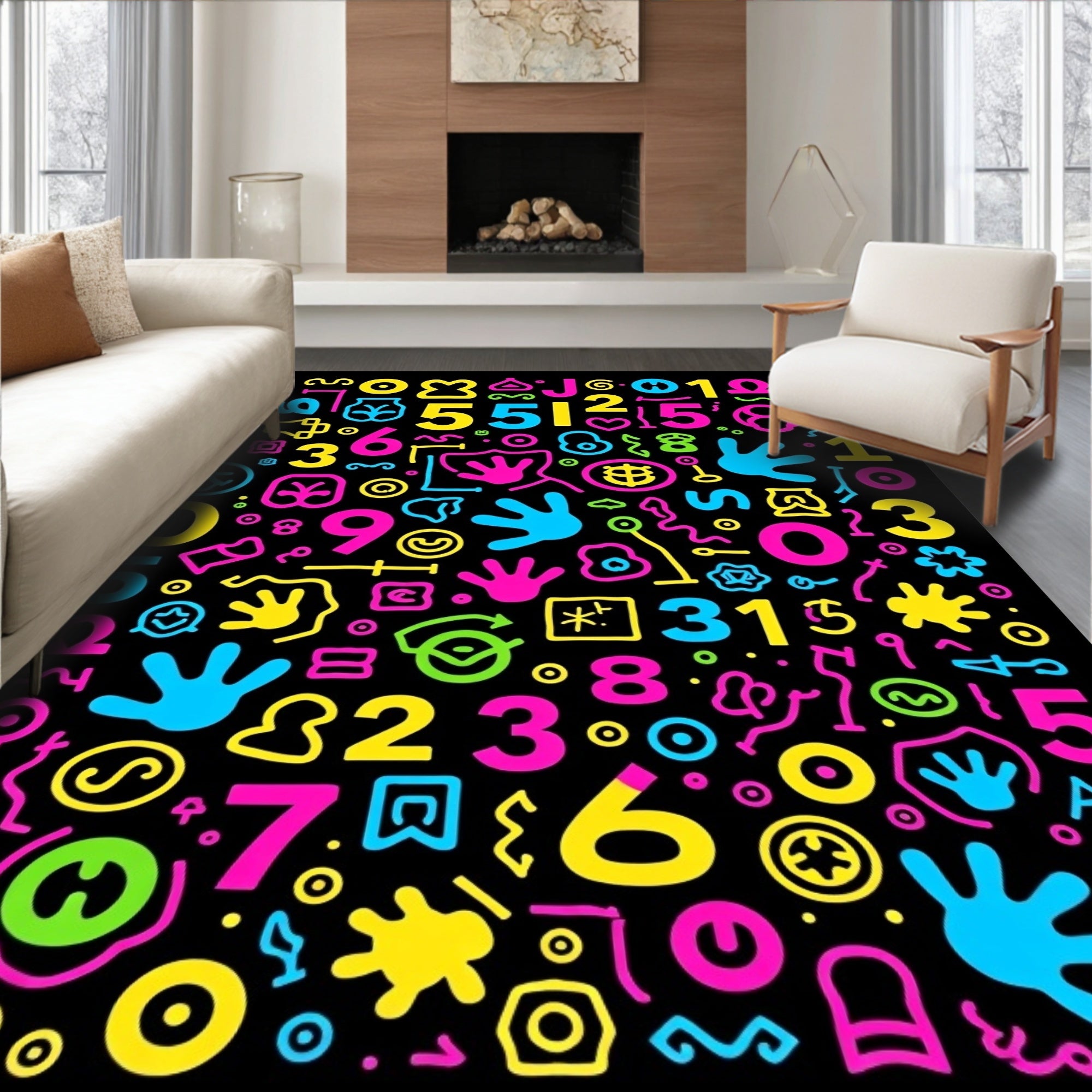 Vibrant Neon Alphabet Numbers Collage Rug